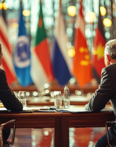 Two politicians negotiating at a conference table with flags in the background, diplomatic negotiation, international diplomacy