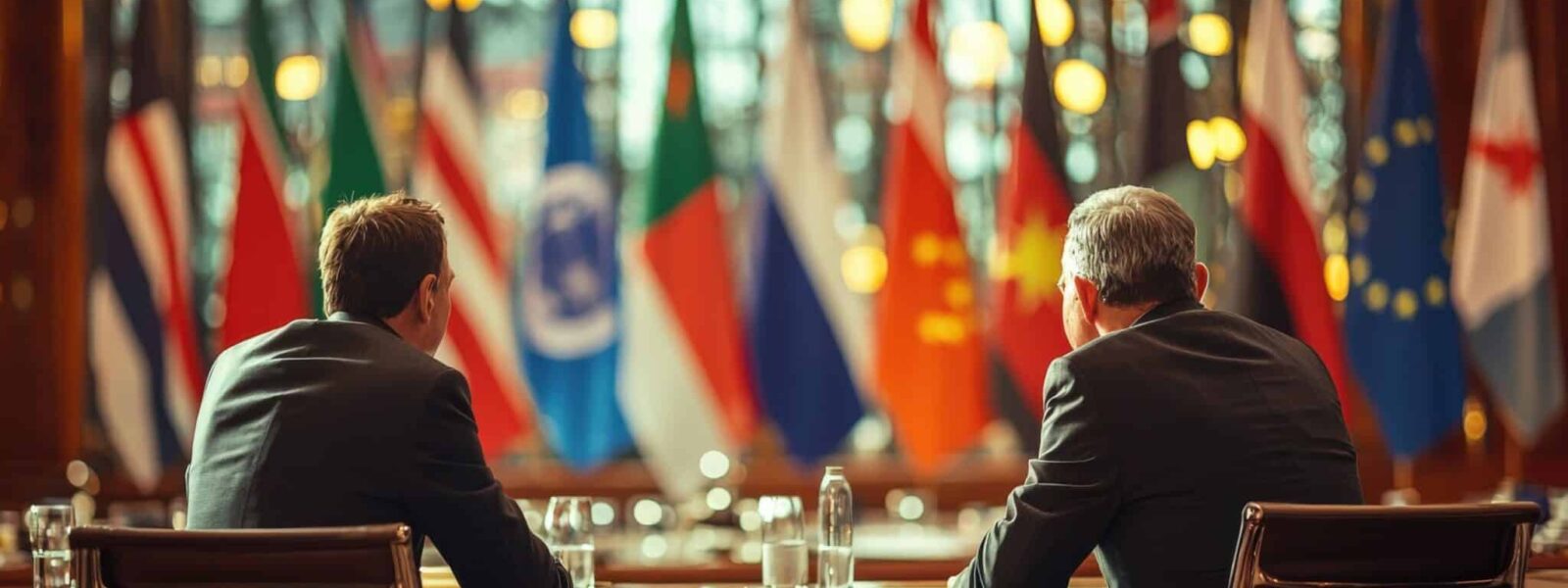 Two politicians negotiating at a conference table with flags in the background, diplomatic negotiation, international diplomacy